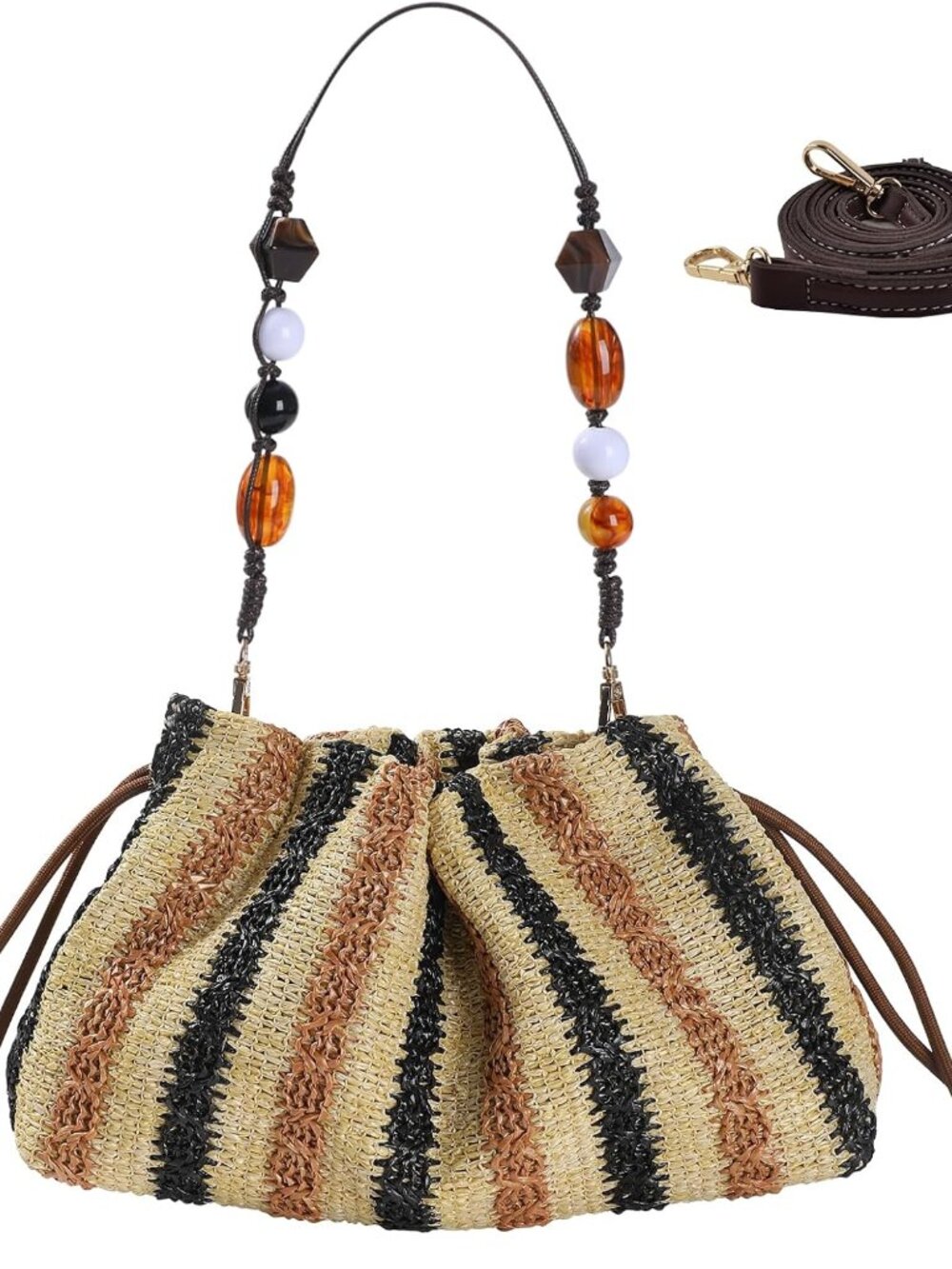 Women Mini Drawstring Woven Straw Handbag Summer Beach Vacation Purse with Remov